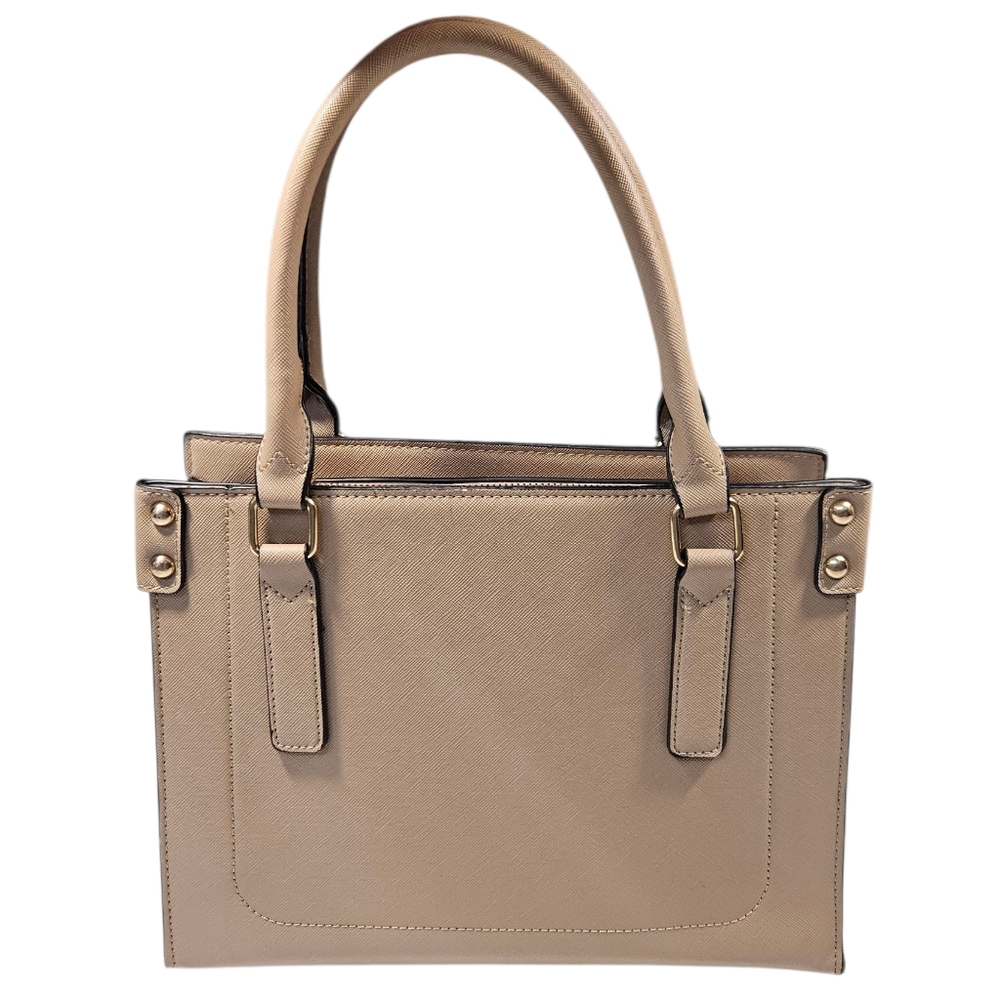 Structured Taupe Faux Leather Tote Bag with Gold Hardware – Elegant Everyday